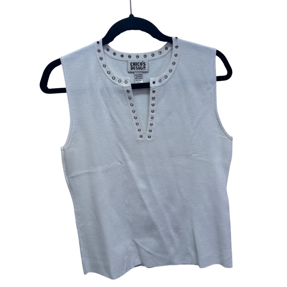 Chicos Design White Sleeveless Sweater Tank Studded Grommet V-Neck‎ Size 2 Large